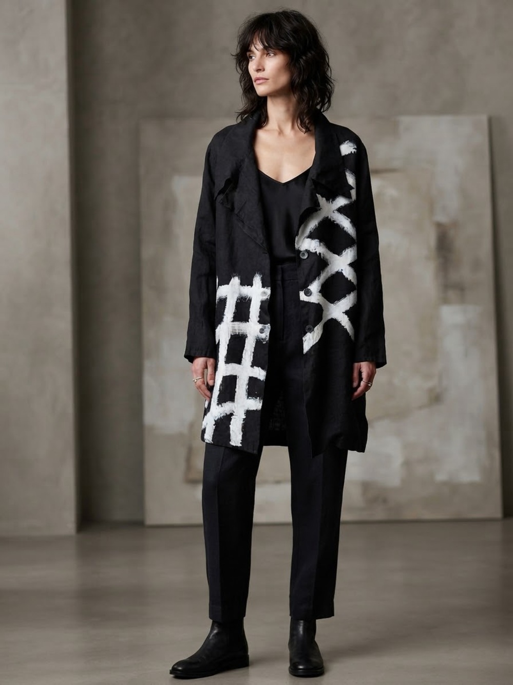 Cynthia Ashby Black Hand-Painted Linen Lagenlook Jacket
